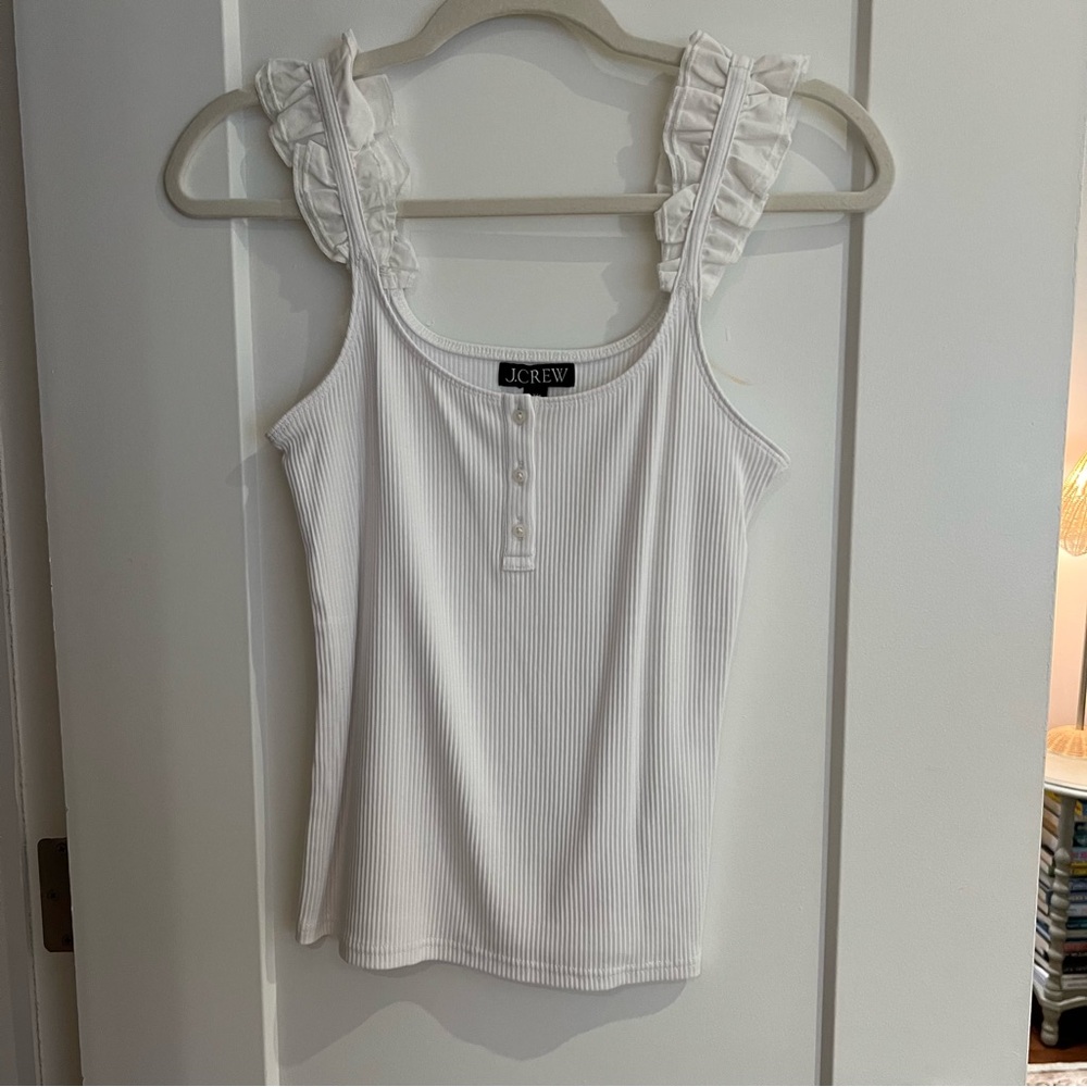 J. Crew White Ribbed Tank with Ruffle Shoulder Straps